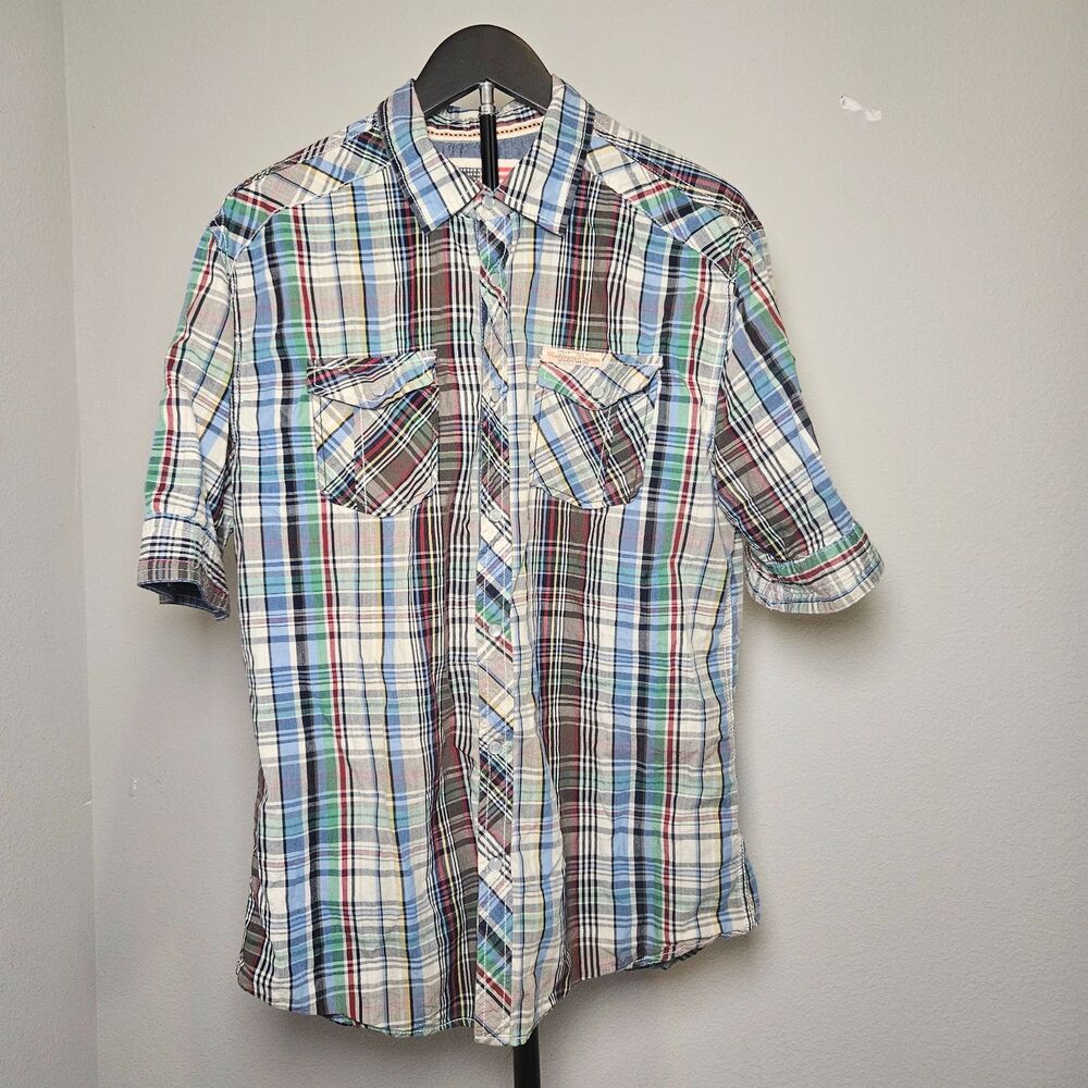 Rolling Papers Shirt Mens L Plaid Snap Button Up Patch Western Skate Streetwear